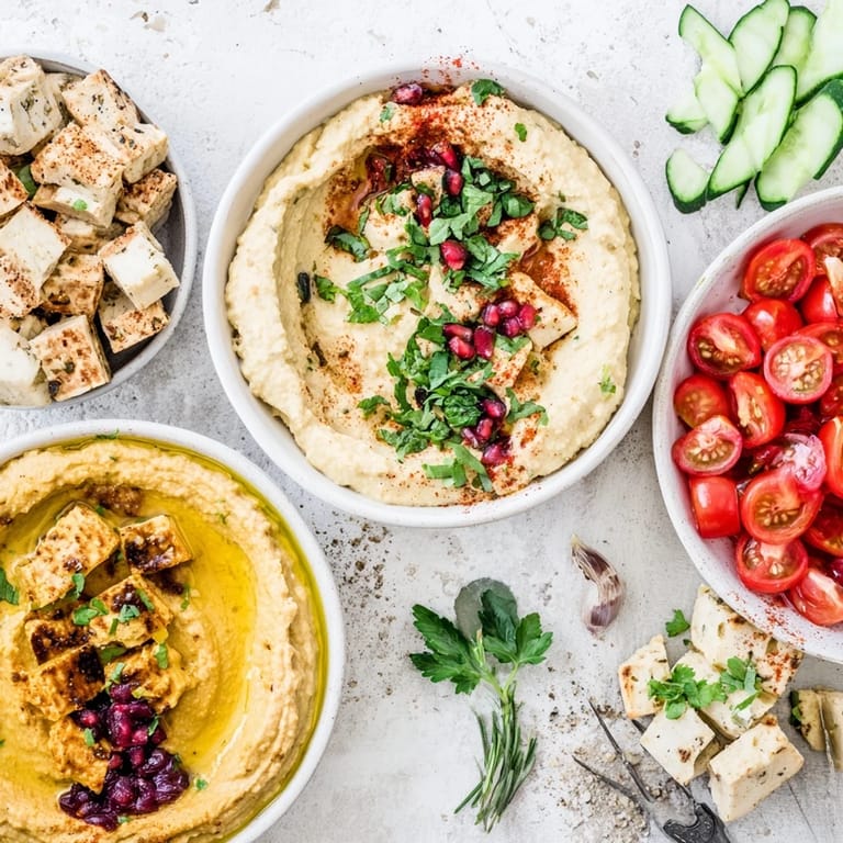 Enjoy this sharing-style Mediterranean Mezza Platter, showcasing various textures and flavors in an enticing spread.