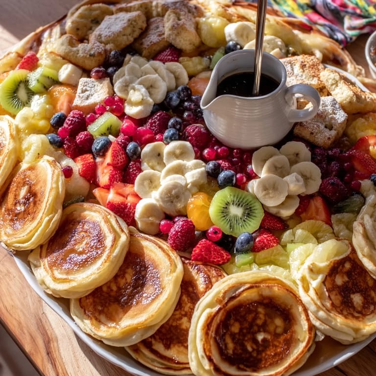 A beautifully arranged Breakfast Brunch Board Bliss features golden pancakes, colorful fruit, and warm syrup.