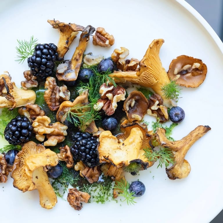 This Forest Forager salad displays earthy mushrooms, nestled beside colorful berries and crunchy nuts.