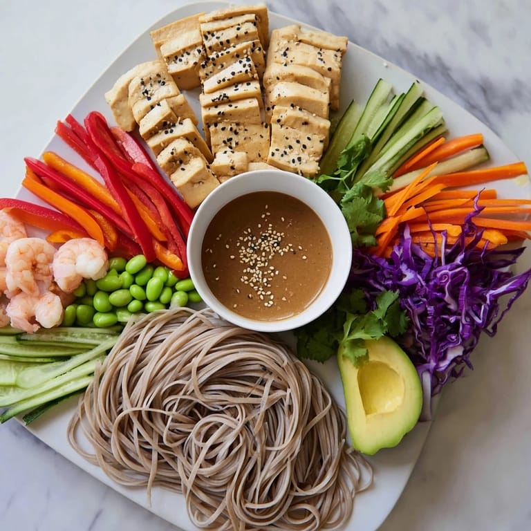 A visually appealing Asian fusion noodle bowl overflowing with colorful fresh vegetables.