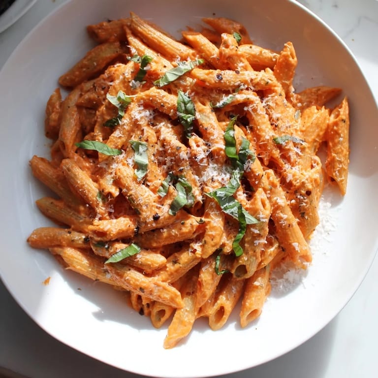 This vibrant 15-Minute Creamy Red Pepper Pasta shows a creamy sauce clinging to penne with Parmesan.