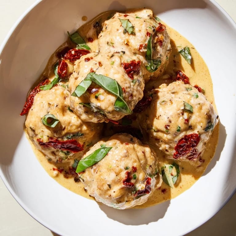 A close-up view of perfectly browned Marry Me Chicken Meatballs, served with a vibrant basil garnish.