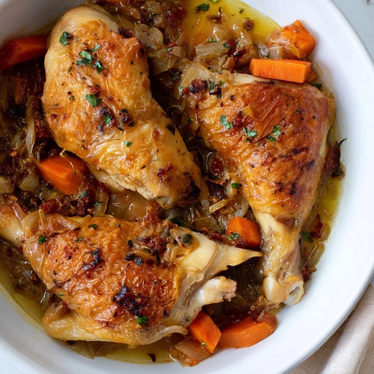 Juicy Georgia Pot Roast Chicken, the golden-brown chicken thighs nestling amongst vegetables and savory sauce.