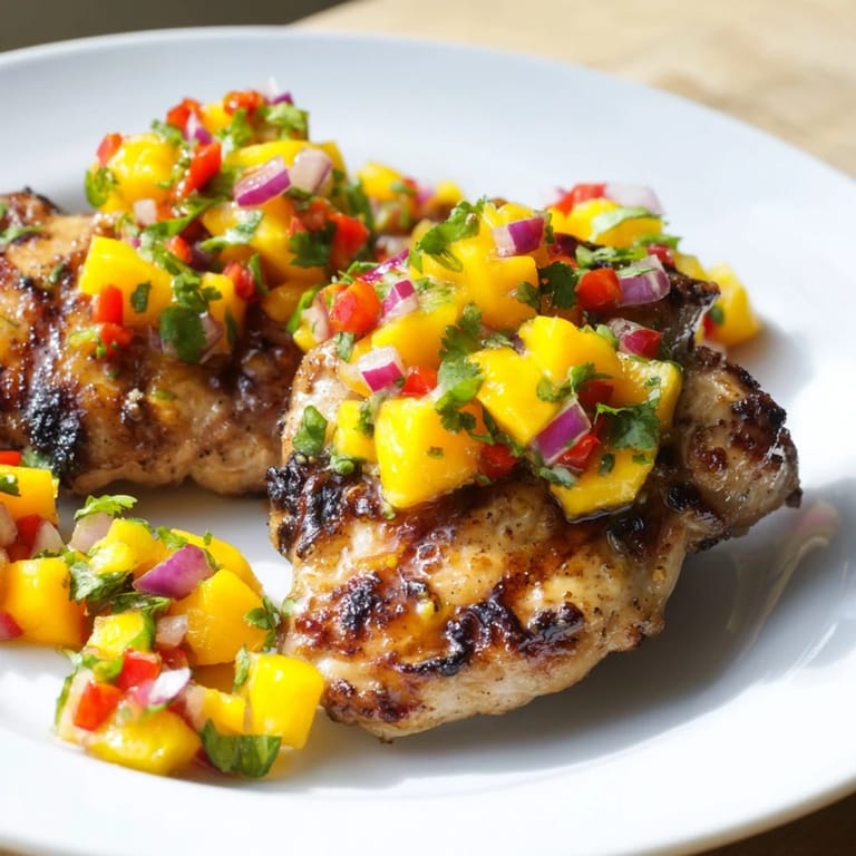A close-up shot of grilled chicken lavishly topped with fresh mango salsa.