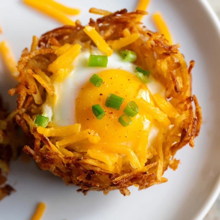 Savory and cheesy, these crispy hashbrown egg nests are a fun twist on breakfast classics.