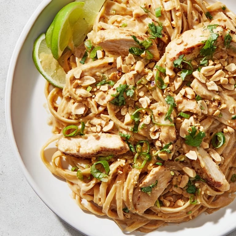Close-up of savory Thai Peanut Chicken Pasta, garnished with peanuts and green onions, served hot.