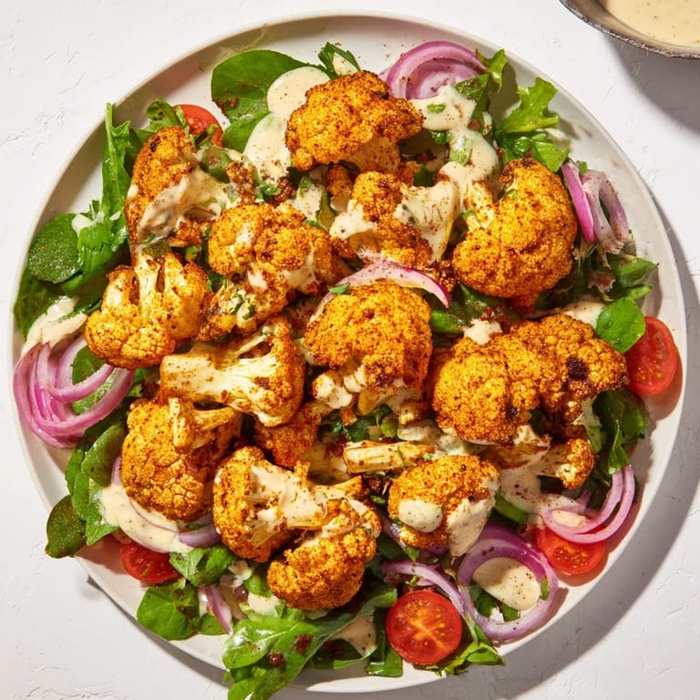 Close-up of a vibrant crispy cauliflower salad, featuring golden florets and colorful mixed greens.