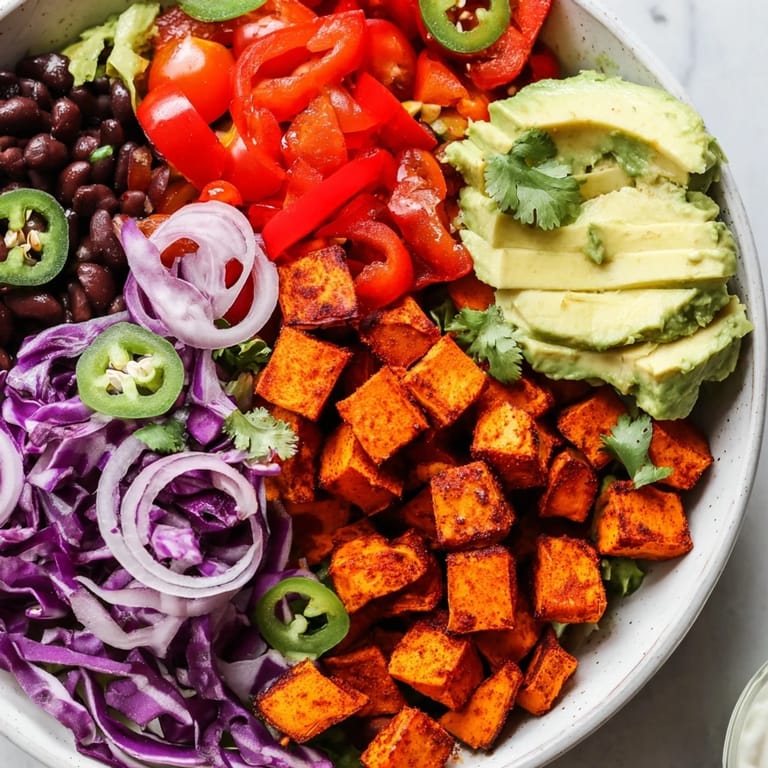 Bright, colorful sweet potato taco bowls overflowing with roasted vegetables and zesty lime dressing.