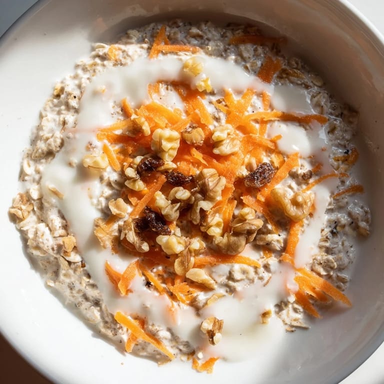 A close-up of Carrot Cake Overnight Oats showcases grated carrots and warm spices perfectly.