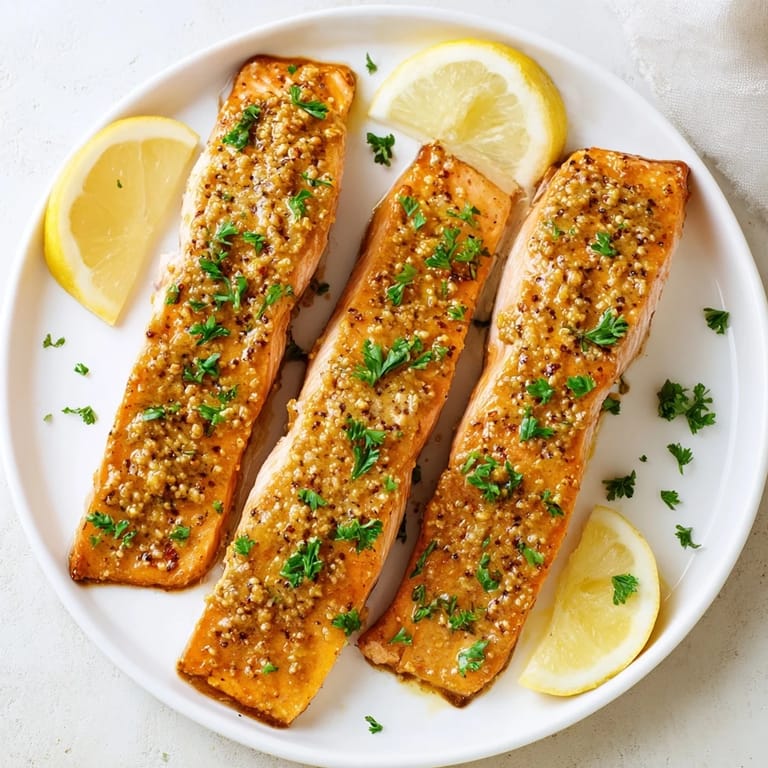 Spoonful of Honey Mustard Salmon - a close-up shows the sweet and savory baked salmon.