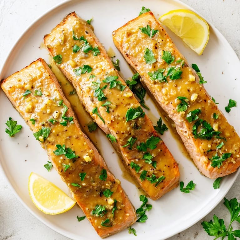 Oven-baked Honey Mustard Salmon served with fresh parsley garnish, ready for a delicious, healthy dinner.