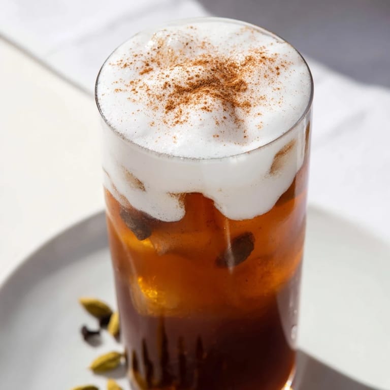 A close-up of a homemade Iced Chai topped with fluffy cold foam, a perfect café-style experience.
