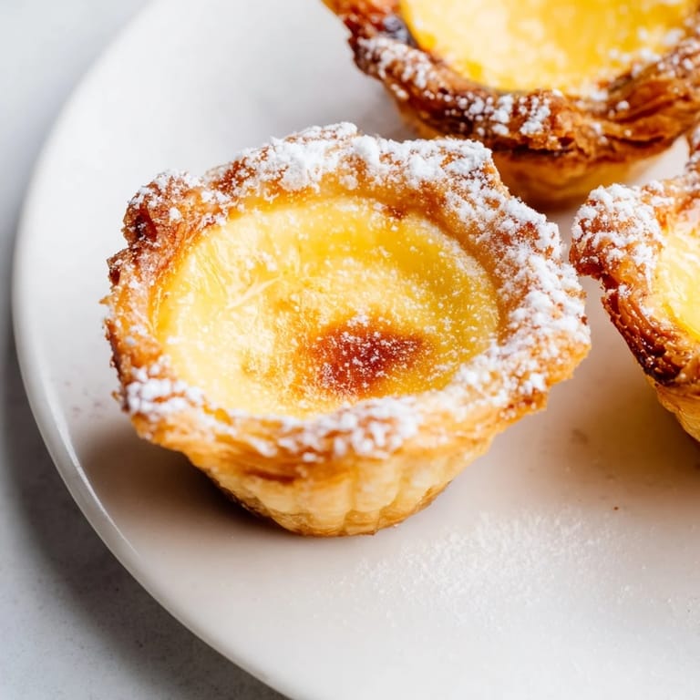 Enjoy a bite of these decadent Portuguese Egg Tarts, boasting a sweet, cinnamon-infused custard.