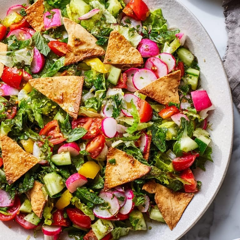 Golden pita chips over a generous Lebanese Fattoush Salad, a healthy and flavorful Middle Eastern dish.