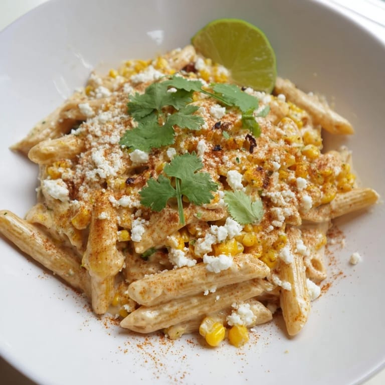Imagine creamy Mexican Street Corn Pasta, with vibrant colors and sprinkled cotija cheese on top.
