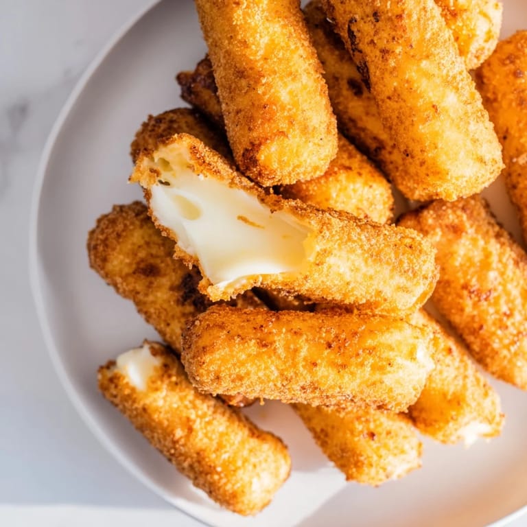 Crispy air fryer mozzarella sticks, a delicious appetizer ready in under 15 minutes, hot and cheesy.