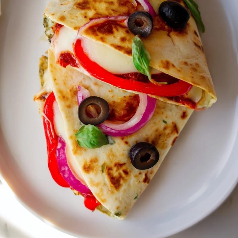 Melted mozzarella oozing from a folded tortilla pizza wrap, with vibrant toppings ready to eat.