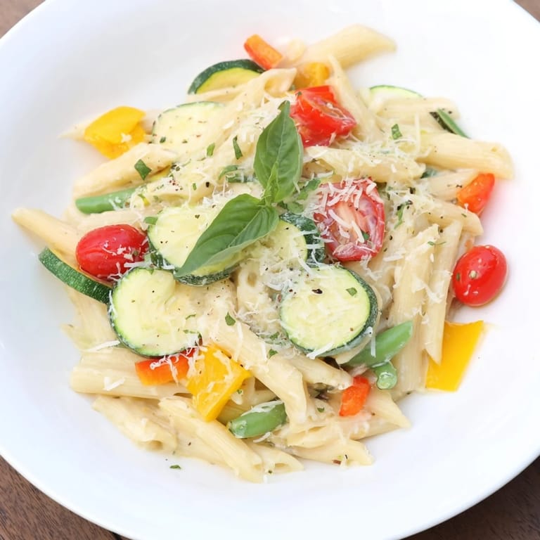 Garnished with basil, this One-Pot Creamy Pasta Primavera recipe boasts a rich, cheesy sauce.