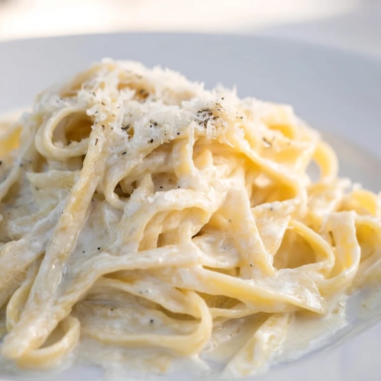 A close-up of creamy Roasted Garlic Cream Pasta in a skillet, garnished with parsley and extra grated cheese.  