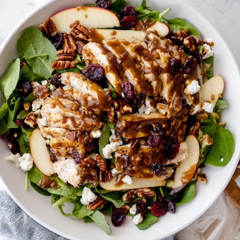 Caramel Apple Chicken Salad plated on a rustic wooden table, topped with crumbled feta, dried cranberries, and candied pecans.  