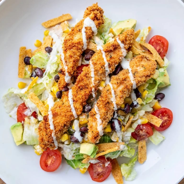 Crispy Chicken Taco Salad showcases perfectly breaded, pan-fried chicken strips over a bed of crisp romaine. Garnished with cherry tomatoes, shredded cheddar, and a generous drizzle of homemade salsa ranch dressing.