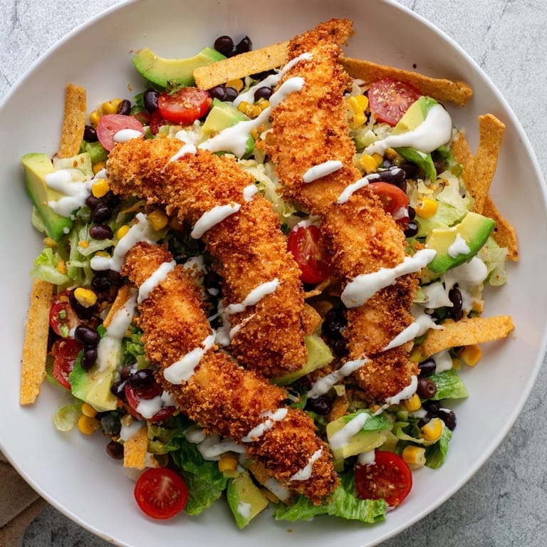 Crispy Chicken Taco Salad with crunchy tortilla strips, diced avocado, and black beans in a vibrant bowl. Drizzled with creamy salsa ranch dressing, perfect for a satisfying Tex-Mex lunch or dinner.