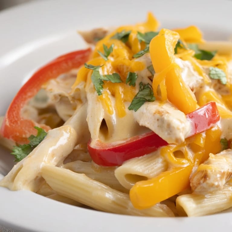 One-pan Chicken Fajita Pasta Skillet with tender chicken and colorful bell peppers.  