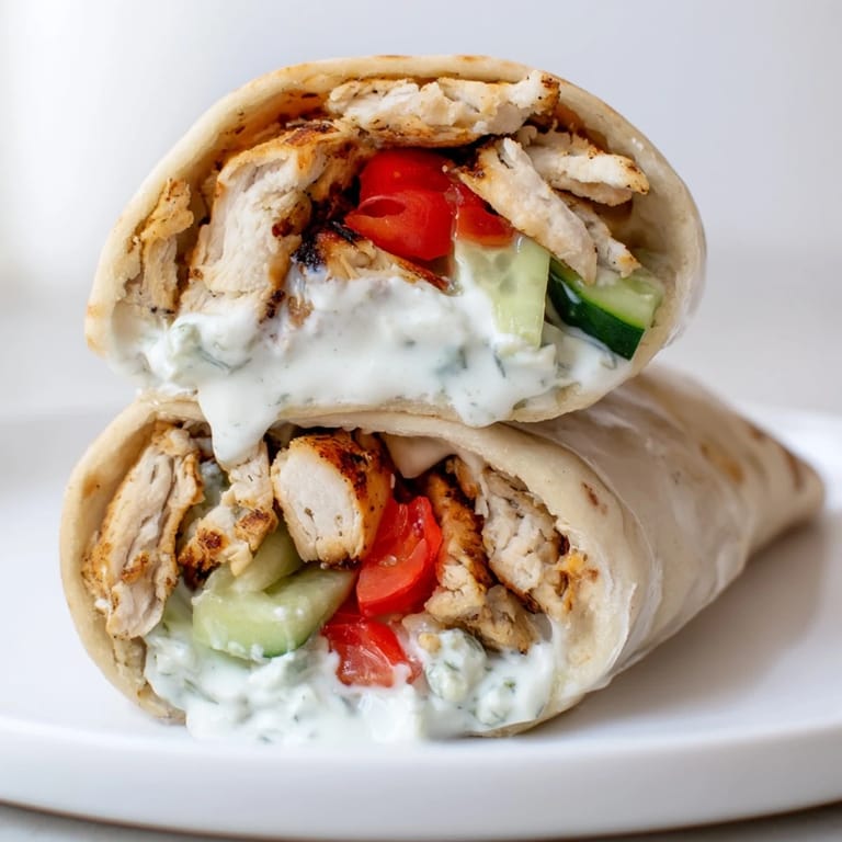 Freshly assembled Greek Chicken Wrap overflowing with tender grilled chicken, diced tomatoes, cucumbers, and a drizzle of tzatziki.