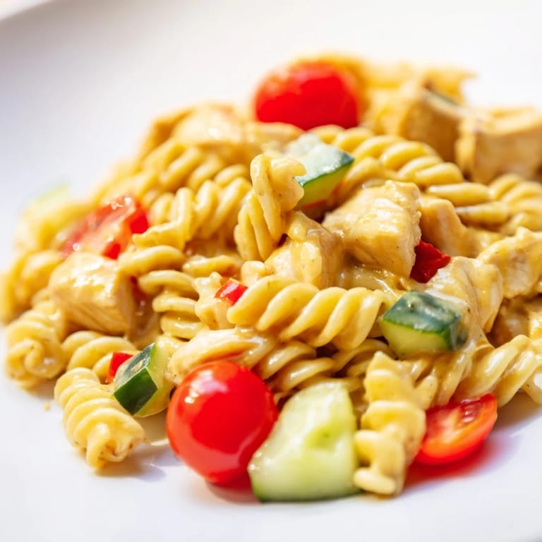 A vibrant bowl of Honey Mustard Chicken Pasta Salad served on a wooden table for lunch.