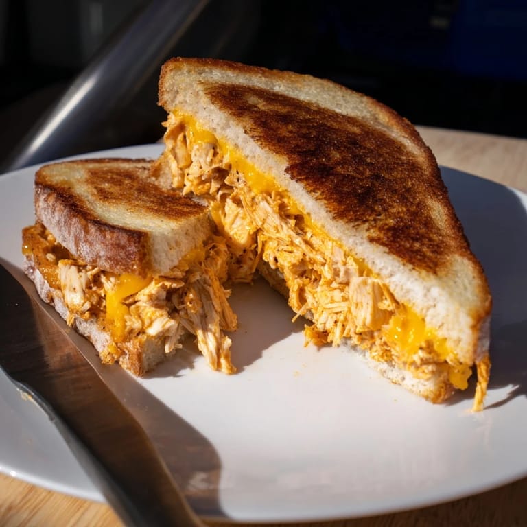 Sliced Buffalo Chicken Ranch Grilled Cheese revealing melted layers and garnished with fresh green onions on a plate.