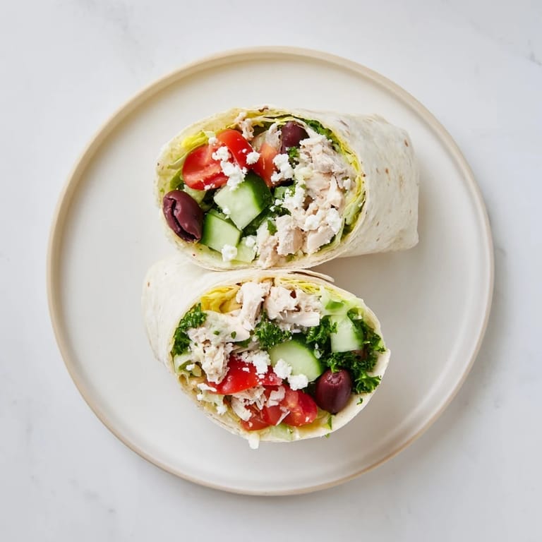 Sliced Greek Lemon Chicken Salad Wrap revealing layers of marinated chicken, chopped salad, and crumbled feta on a soft tortilla.