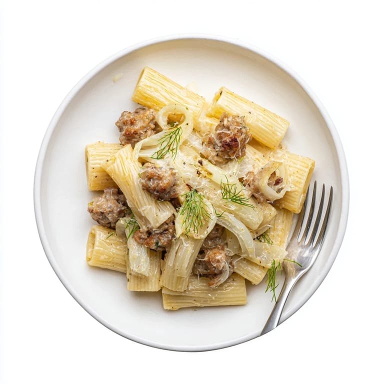 A fork lifts a bite of Winter Pasta with Sausage and Fennel featuring tender fennel slices and savory crumbles.