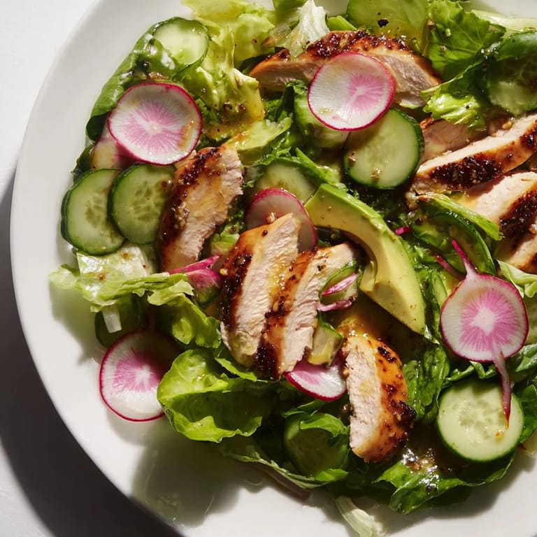 A plated serving of Spring Detox Chicken Salad featuring tender sliced chicken atop vibrant greens, cucumbers, and radishes, with a bright lemon vinaigrette dressing.