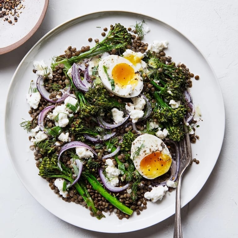 Close-up of French Lentil Salad With Broccolini and Soft-Cooked Eggs, highlighting the bright broccolini and soft-cooked egg halves.