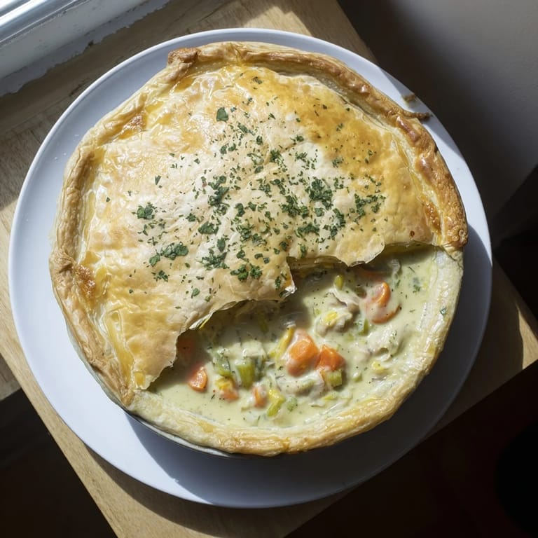 Golden-crusted Chicken and Leek Pie served hot, ready to slice into six hearty portions.