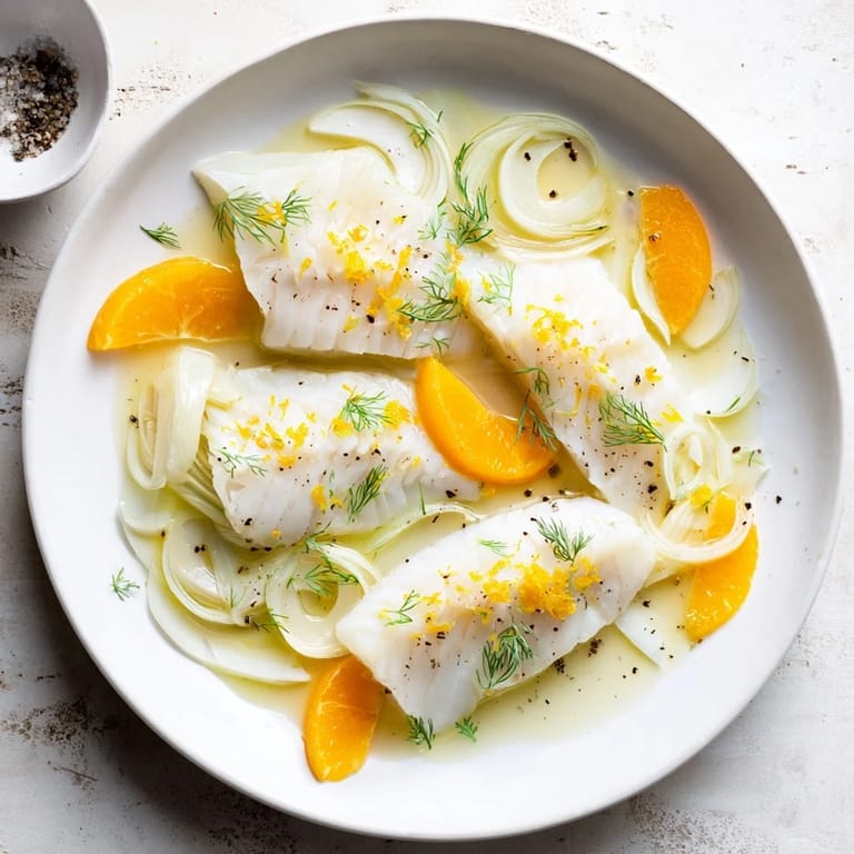 White fish fillets poached with tender fennel and sweet orange, served in a shallow bowl of aromatic broth.  