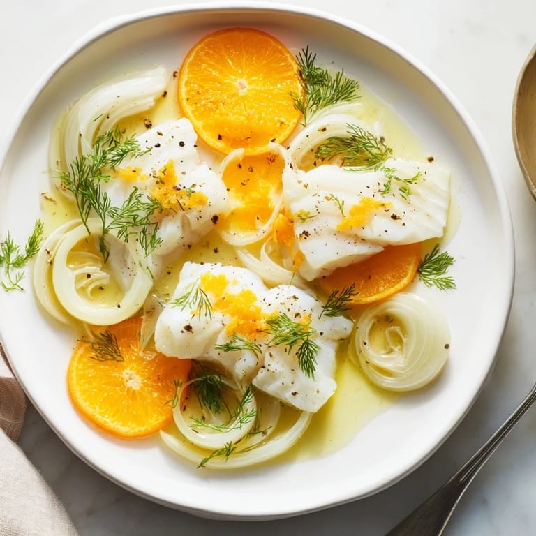 Perfectly poached cod with fennel and orange, accompanied by sliced orange rounds and chopped fennel fronds.