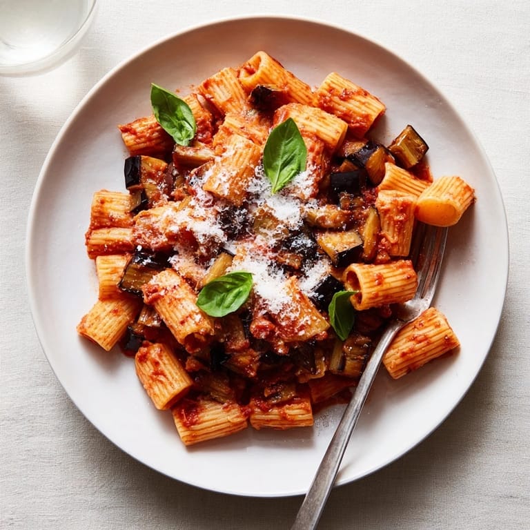 A close-up of Pasta Alla Norma featuring al dente rigatoni, roasted eggplant, and fresh basil garnish.