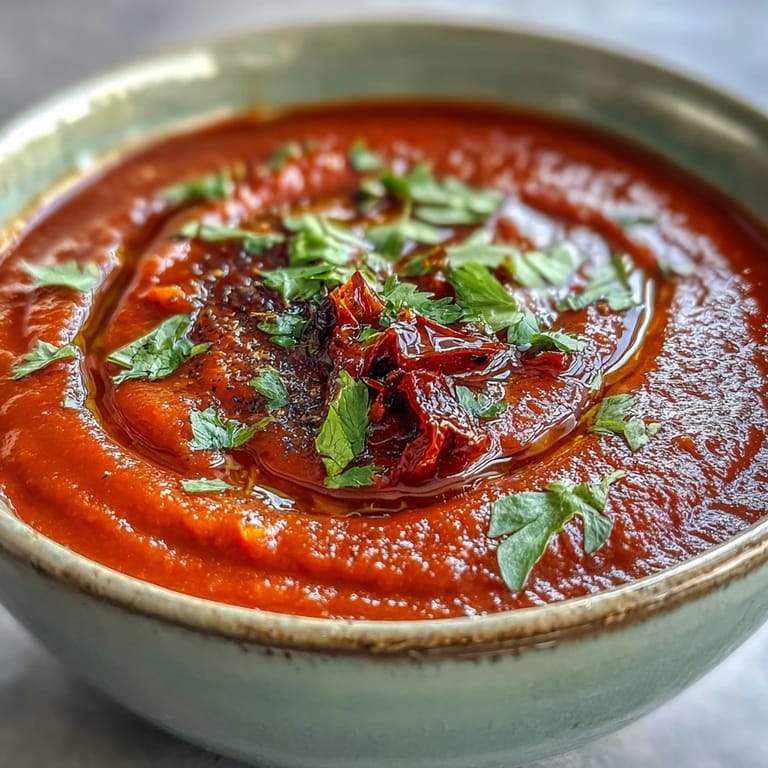 Vibrant, warm roasted red pepper soup, perfect with crusty bread.