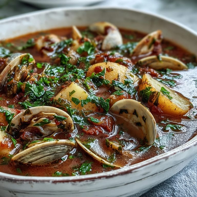 A steaming bowl of Manhattan Clam Chowder, vibrant and packed with savory seafood goodness.