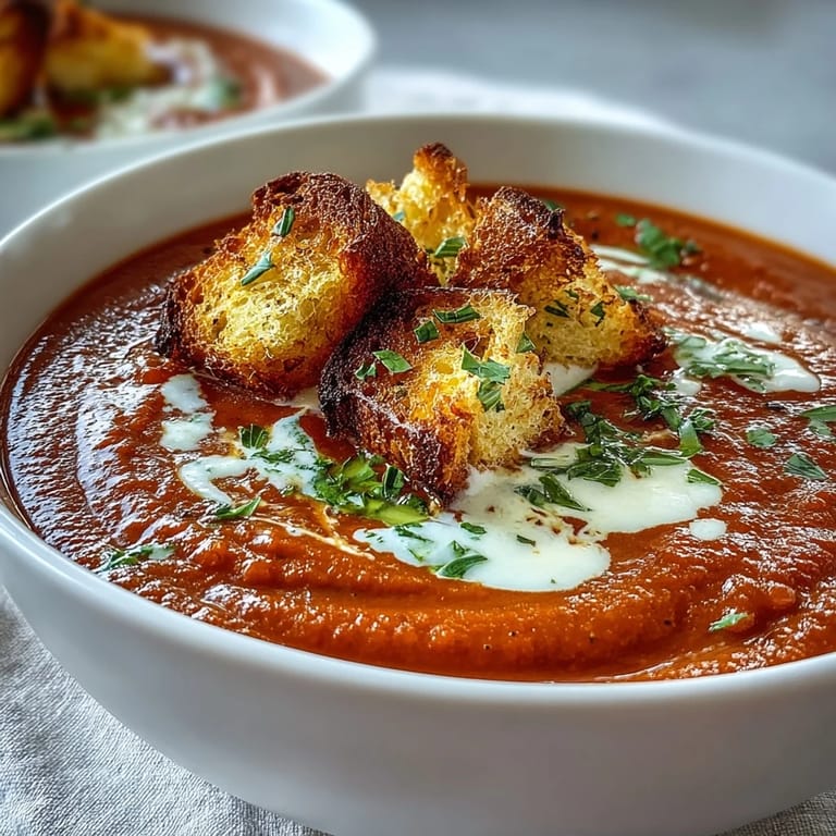 Bright red Creamy Roasted Tomato Soup, a warm, luxurious starter dish.