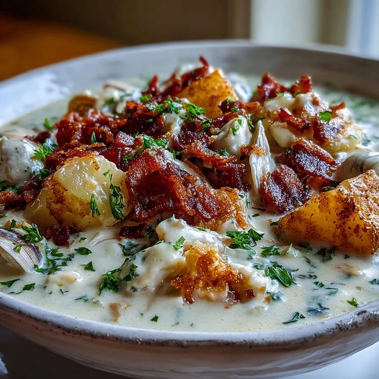 Hearty New England Clam Chowder pictured, ready to be served piping hot.
