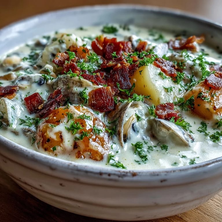 A steaming bowl of New England Clam Chowder, perfect with oyster crackers.