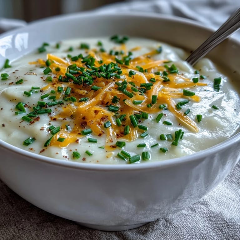 A steaming bowl of Cream of Potato Soup, perfect for winter comfort.
