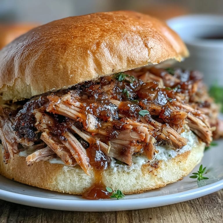 Slow-cooker Applesauce Pulled Pork Sandwiches resting on parchment with tangy barbecue sauce drizzle.