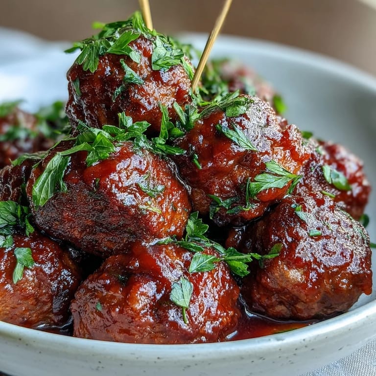 Appetizer Grape Jelly and Chili Sauce Meatballs spooned over rice with parsley garnish.