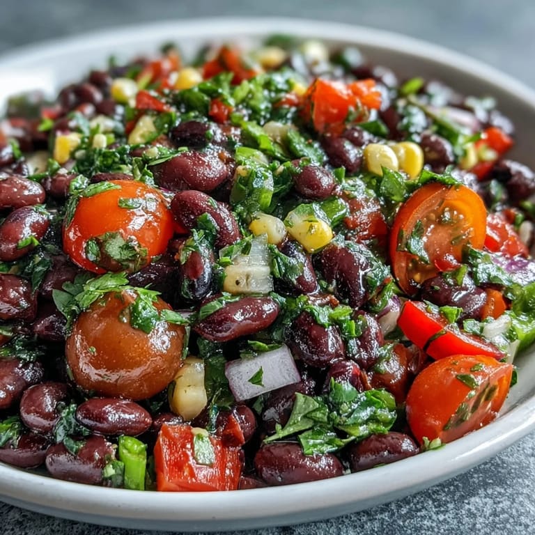 Freshly prepared Cowboy Caviar topped with chopped cilantro, served with crunchy tortilla chips for dipping at a party.
