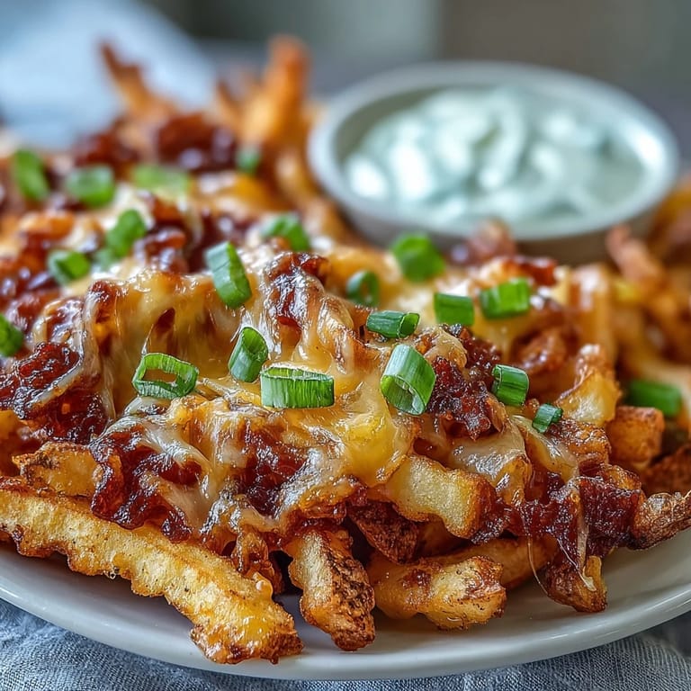 Freshly baked Cheesy BBQ Fries topped with green onions and a cool ranch dip.