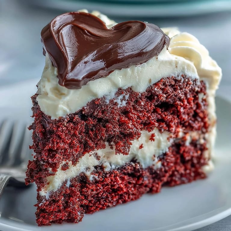 Step-cut Red Betty Boop Heart Cake slice reveals velvety cream cheese frosting, deep red crumb, and dark chocolate details.
