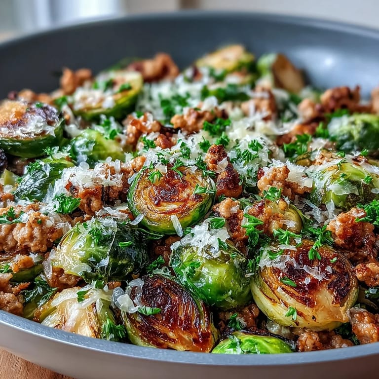 Paprika-seasoned ground turkey and crisp Brussels sprouts served hot with fresh parsley and lemon.